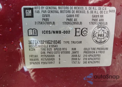 2009 GMC Sierra 1500 Slt z USA, uszkodzony, nr VIN 3GTEK13219G218346